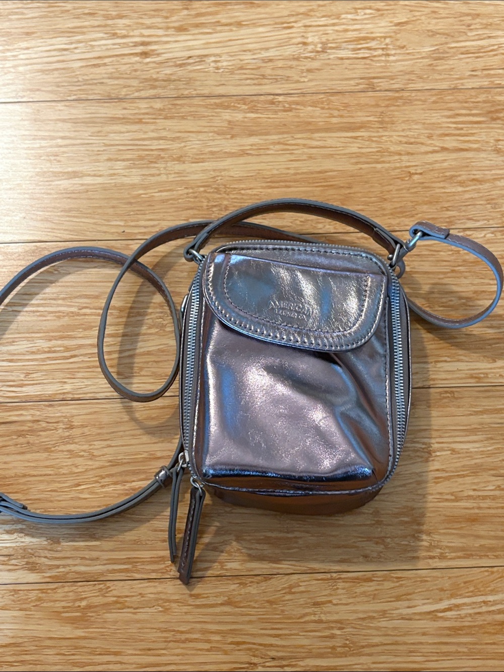 American Leather Co Tribeca Leather Crossbody Bag Metallic Pewter travel festive